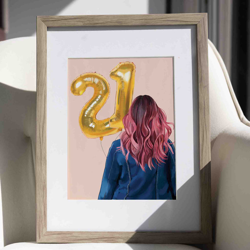 Pink Hair Latina Birthday Card with Blue Jean Jacket -  Personalized Latina birthday art prints Customized Latina birthday prints